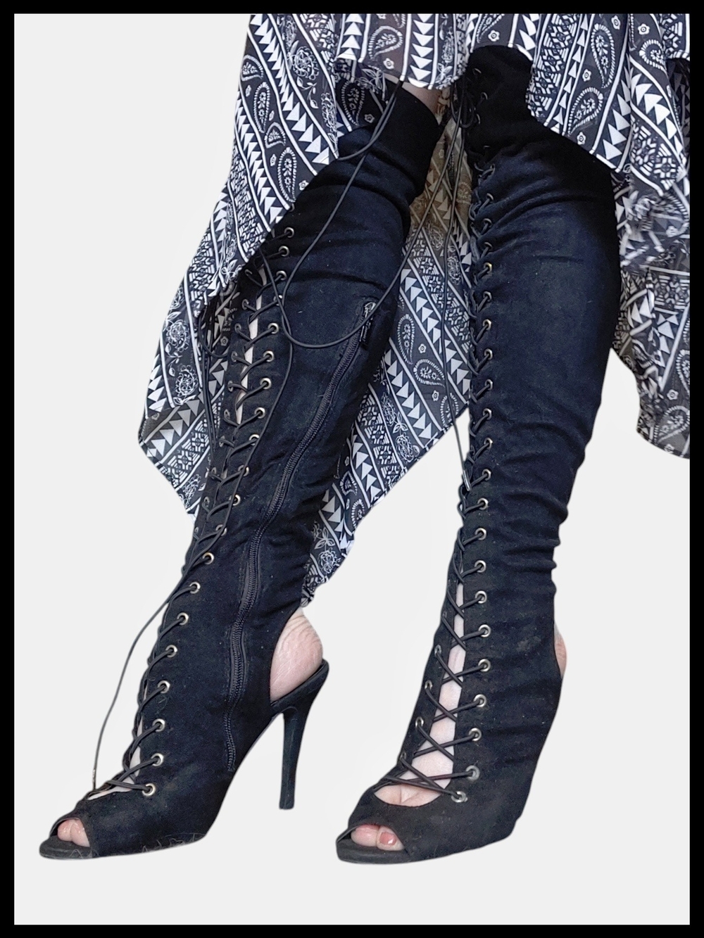 Black Lace-Up Peep Toe/Heel Stiletto Over the Knee-High Boots